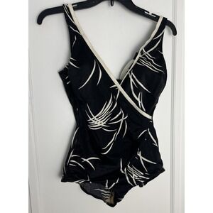 Vintage Maxine of Hollywood One Piece Swimsuit Womens Size 14 Black White Leaves